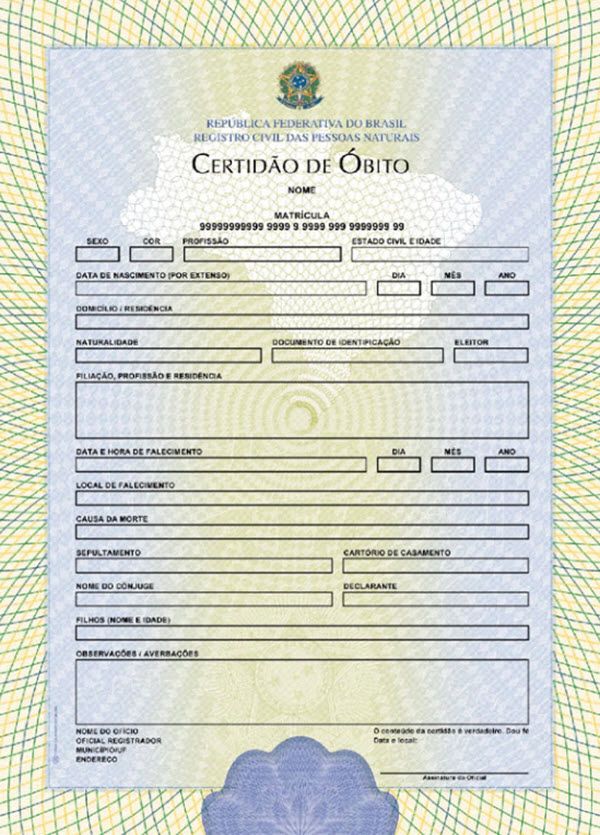 modelo de certidão de óbito