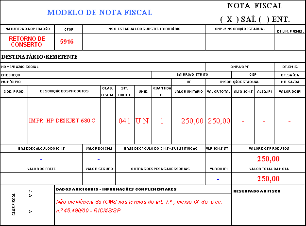 CFOP 5916: entrada da operação, exemplo de nota 