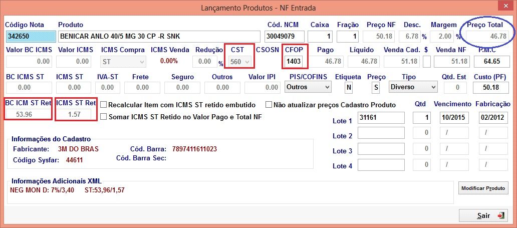 CFOP 1403 exemplo de nota