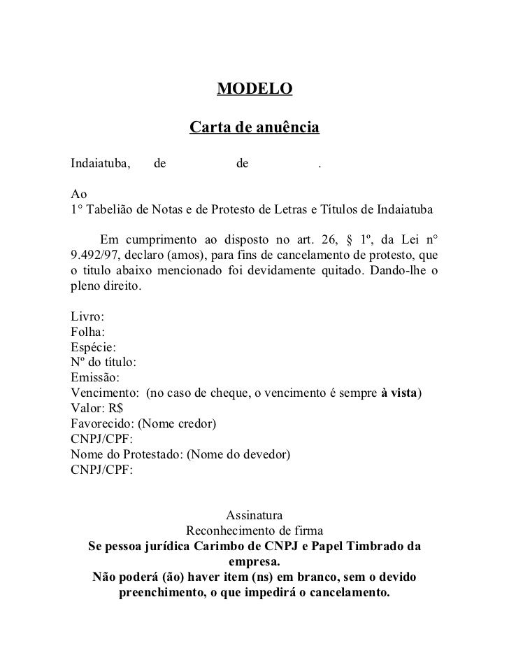 Modelo de Carta de Anuência: cheque devolvido, informações 