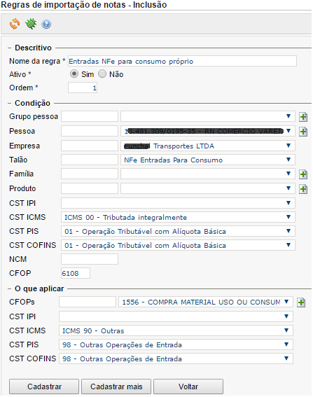 exemplo CFOP 1556