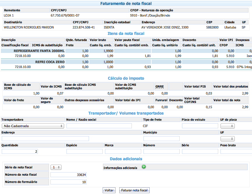 exemplo de nota com CFOP 5910