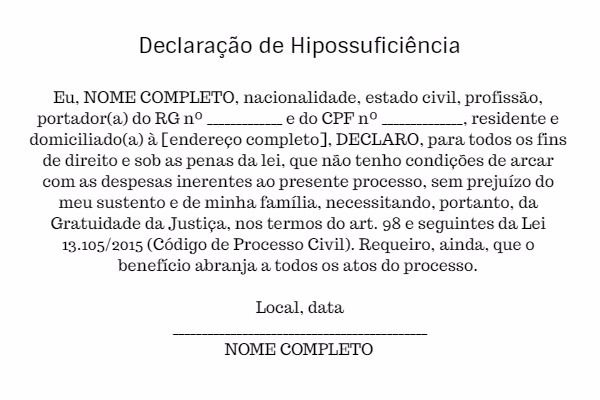 exemplo de Declaração de Hipossuficiência