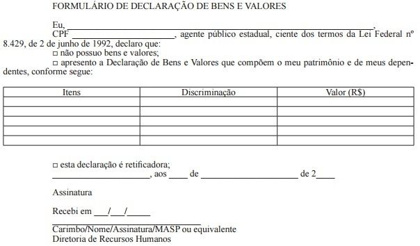 modelo 1 Declaração de bens e valores