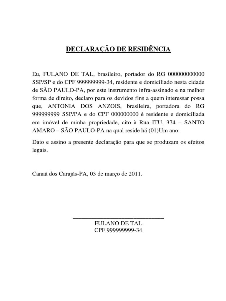 Declaração de Residência para Terceiros: modelo, como  Declaração de Residência para Terceiros: modelo, como