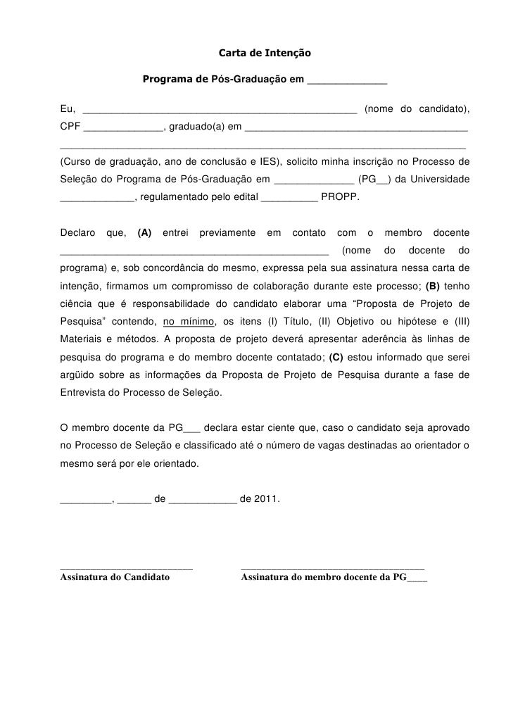 Modelo de Carta de Intenção: para mestrado, pós graduação 